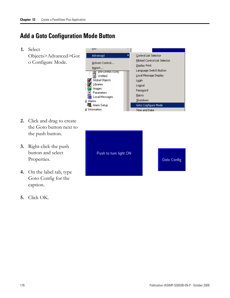 Add a goto configuration mode button, Add a goto, Configuration mode | Button | Rockwell Automation 1768-L43 CompactLogix System Quick Start User Manual | Page 176 / 205