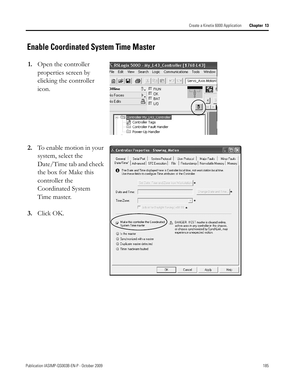 Enable coordinated system time master, Enable coordinated, System time master | Rockwell Automation 1768-L43 CompactLogix System Quick Start User Manual | Page 185 / 205