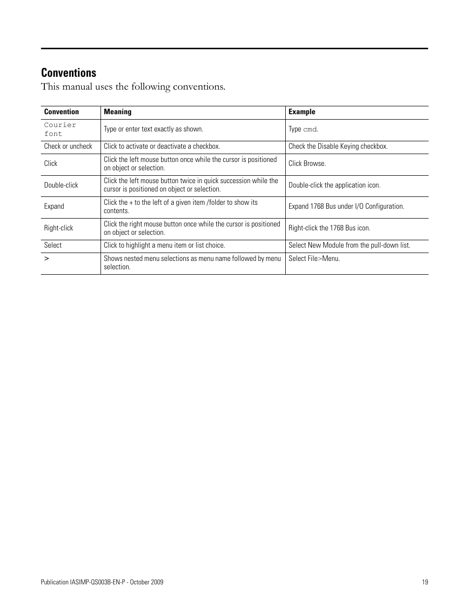 Conventions, This manual uses the following conventions | Rockwell Automation 1768-L43 CompactLogix System Quick Start User Manual | Page 19 / 205