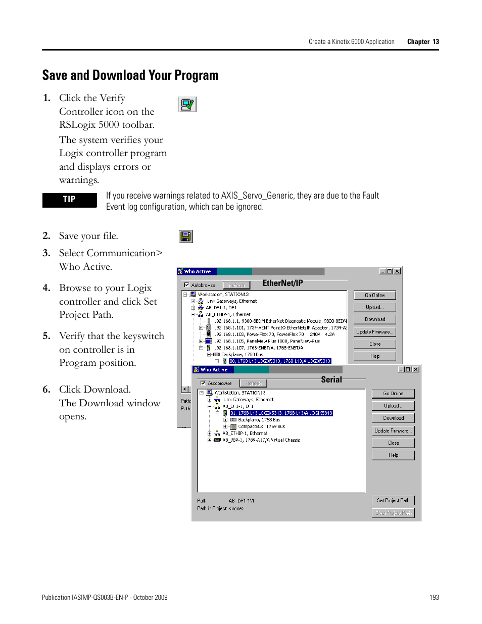 Save and download your program, Save and download, Your program | Rockwell Automation 1768-L43 CompactLogix System Quick Start User Manual | Page 193 / 205