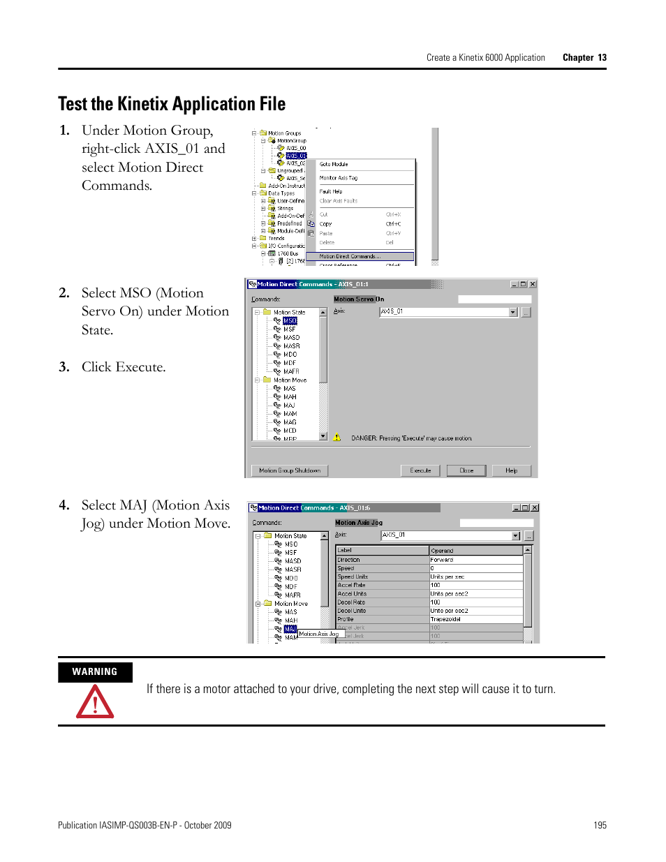 Test the kinetix application file | Rockwell Automation 1768-L43 CompactLogix System Quick Start User Manual | Page 195 / 205