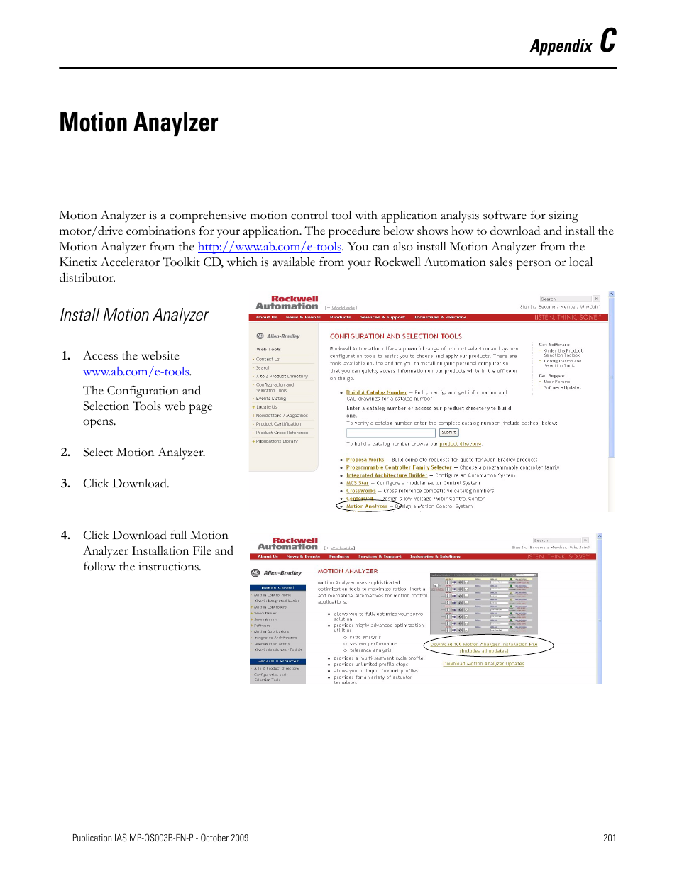 C-motion anaylzer, Appendix c, Motion anaylzer | Appendix, Install motion analyzer | Rockwell Automation 1768-L43 CompactLogix System Quick Start User Manual | Page 201 / 205