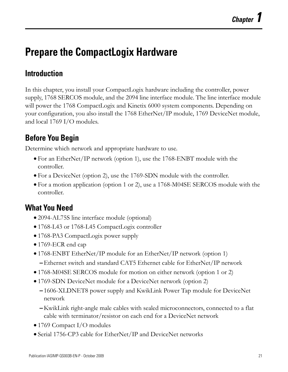 Prepare the compactlogix hardware, Introduction, Before you begin | What you need, Prepare the compactlogix, Hardware, Chapter 1, Introduction before you begin what you need | Rockwell Automation 1768-L43 CompactLogix System Quick Start User Manual | Page 21 / 205