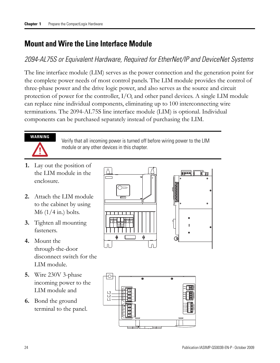 Mount and wire the line interface module, Mount and wire, The line interface | Module, Warning | Rockwell Automation 1768-L43 CompactLogix System Quick Start User Manual | Page 24 / 205