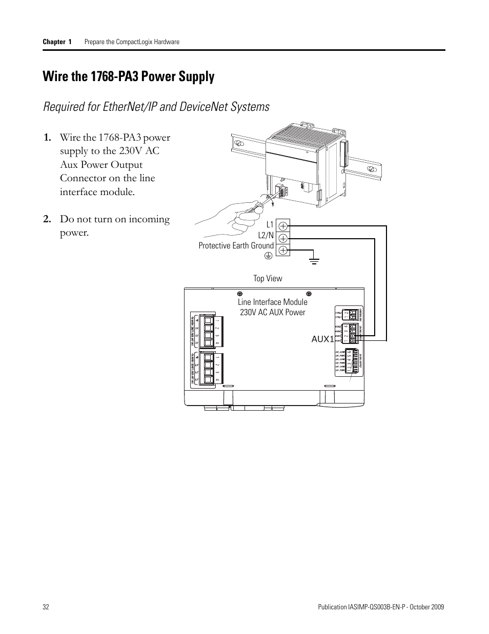 Wire the 1768-pa3 power supply, Wire the, 1768-pa3 power | Supply, Required for ethernet/ip and devicenet systems | Rockwell Automation 1768-L43 CompactLogix System Quick Start User Manual | Page 32 / 205