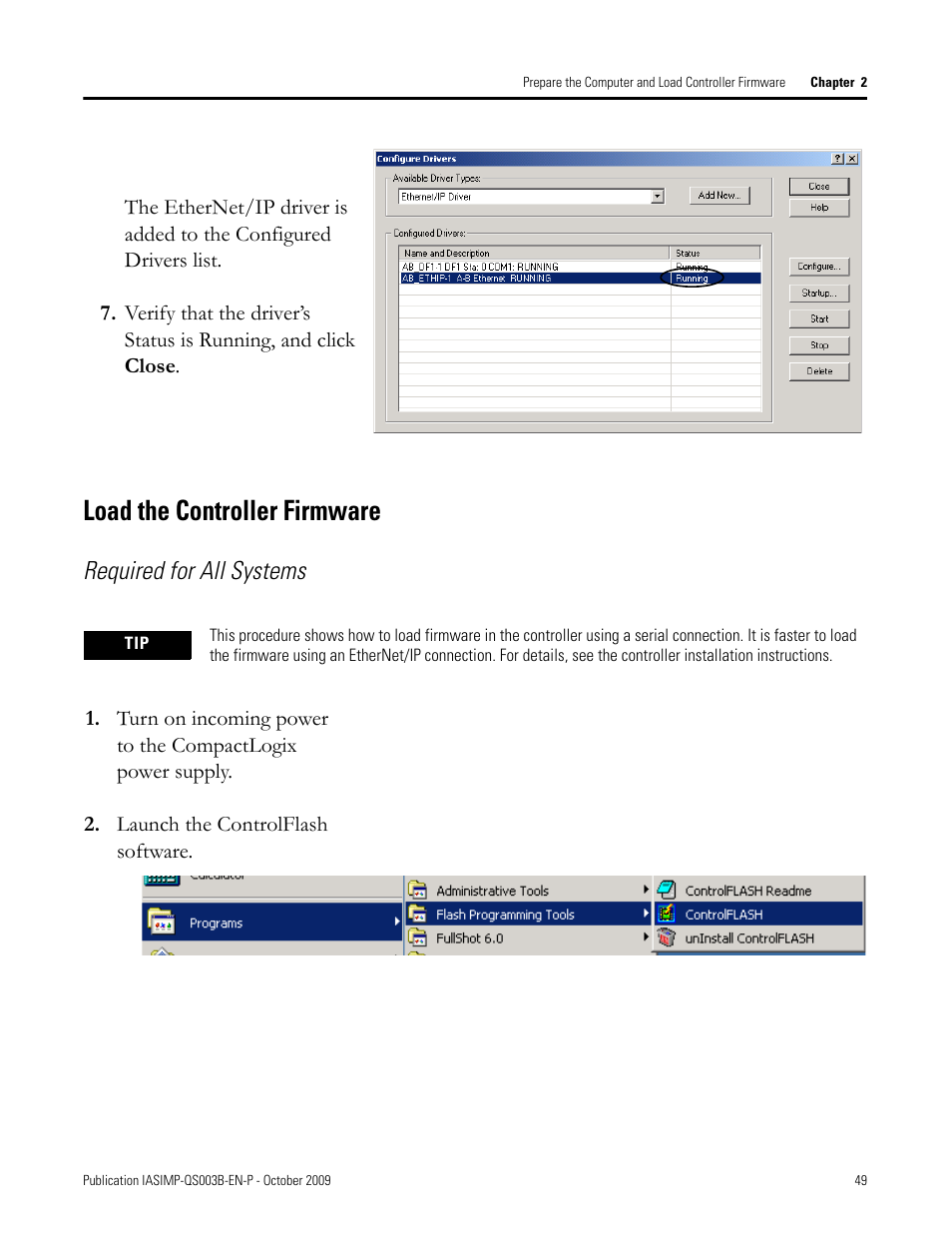 Load the controller firmware, Load the controller, Firmware | Required for all systems | Rockwell Automation 1768-L43 CompactLogix System Quick Start User Manual | Page 49 / 205