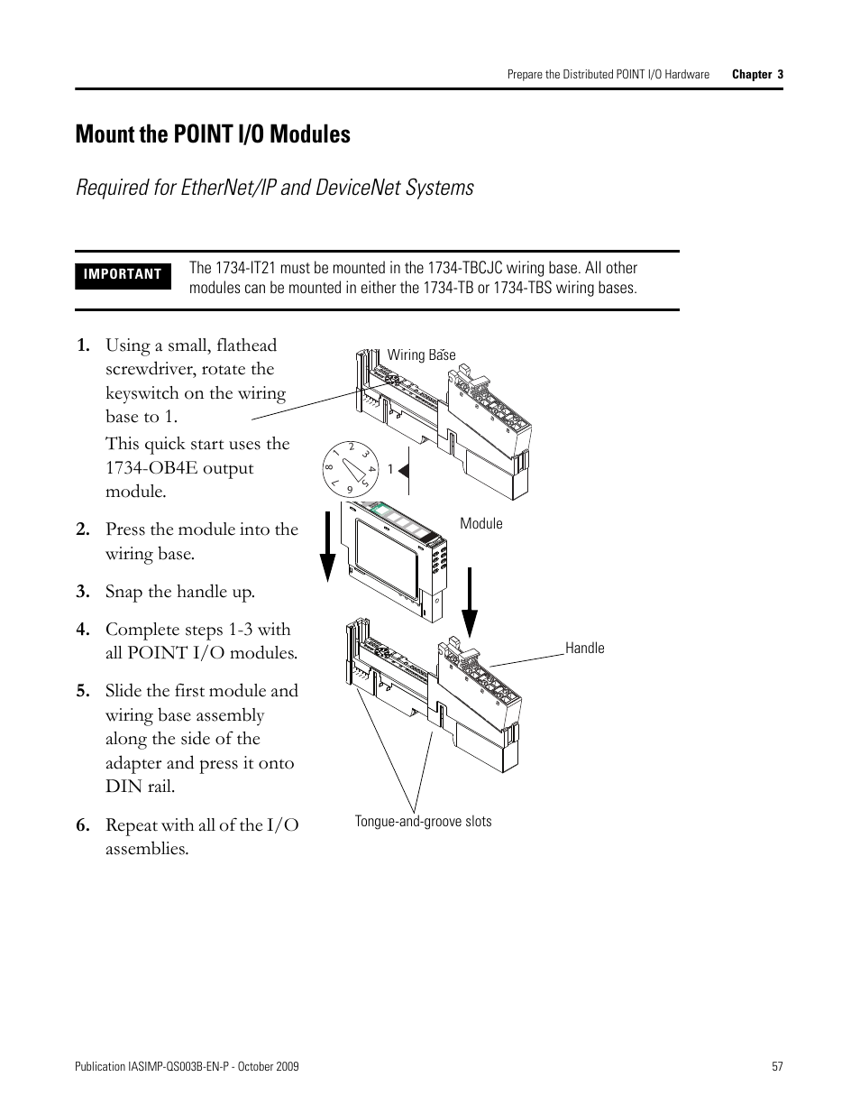 Mount the point i/o modules, Mount the point, I/o modules | Required for ethernet/ip and devicenet systems | Rockwell Automation 1768-L43 CompactLogix System Quick Start User Manual | Page 57 / 205