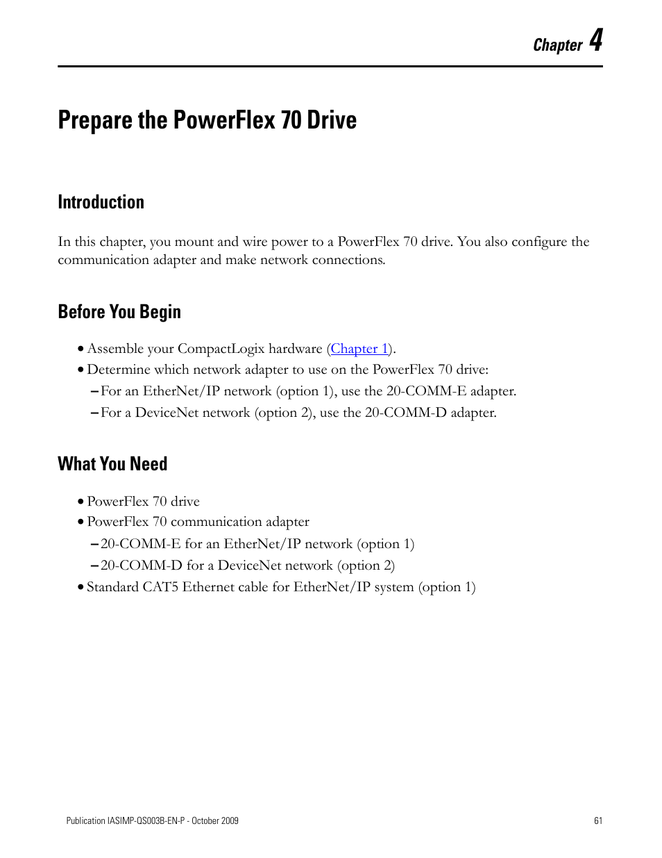 Prepare the powerflex 70 drive, Introduction, Before you begin | What you need, Prepare the, Powerflex 70 drive, Chapter 4, Introduction before you begin what you need | Rockwell Automation 1768-L43 CompactLogix System Quick Start User Manual | Page 61 / 205