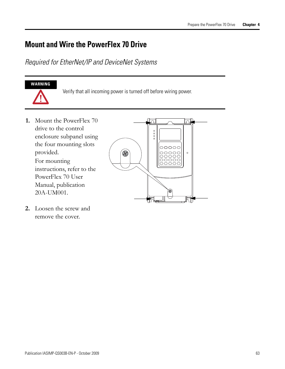 Mount and wire the powerflex 70 drive, Mount and wire, The powerflex 70 | Drive, Required for ethernet/ip and devicenet systems | Rockwell Automation 1768-L43 CompactLogix System Quick Start User Manual | Page 63 / 205