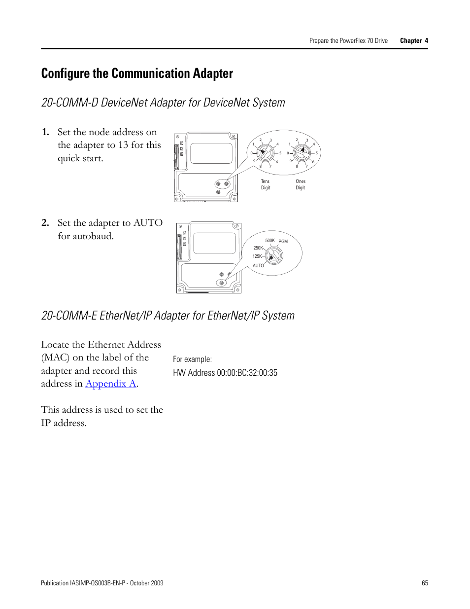 Configure the communication adapter, Configure the, Communication | Adapter, Comm-d devicenet adapter for devicenet system, Comm-e ethernet/ip adapter for ethernet/ip system, For example | Rockwell Automation 1768-L43 CompactLogix System Quick Start User Manual | Page 65 / 205