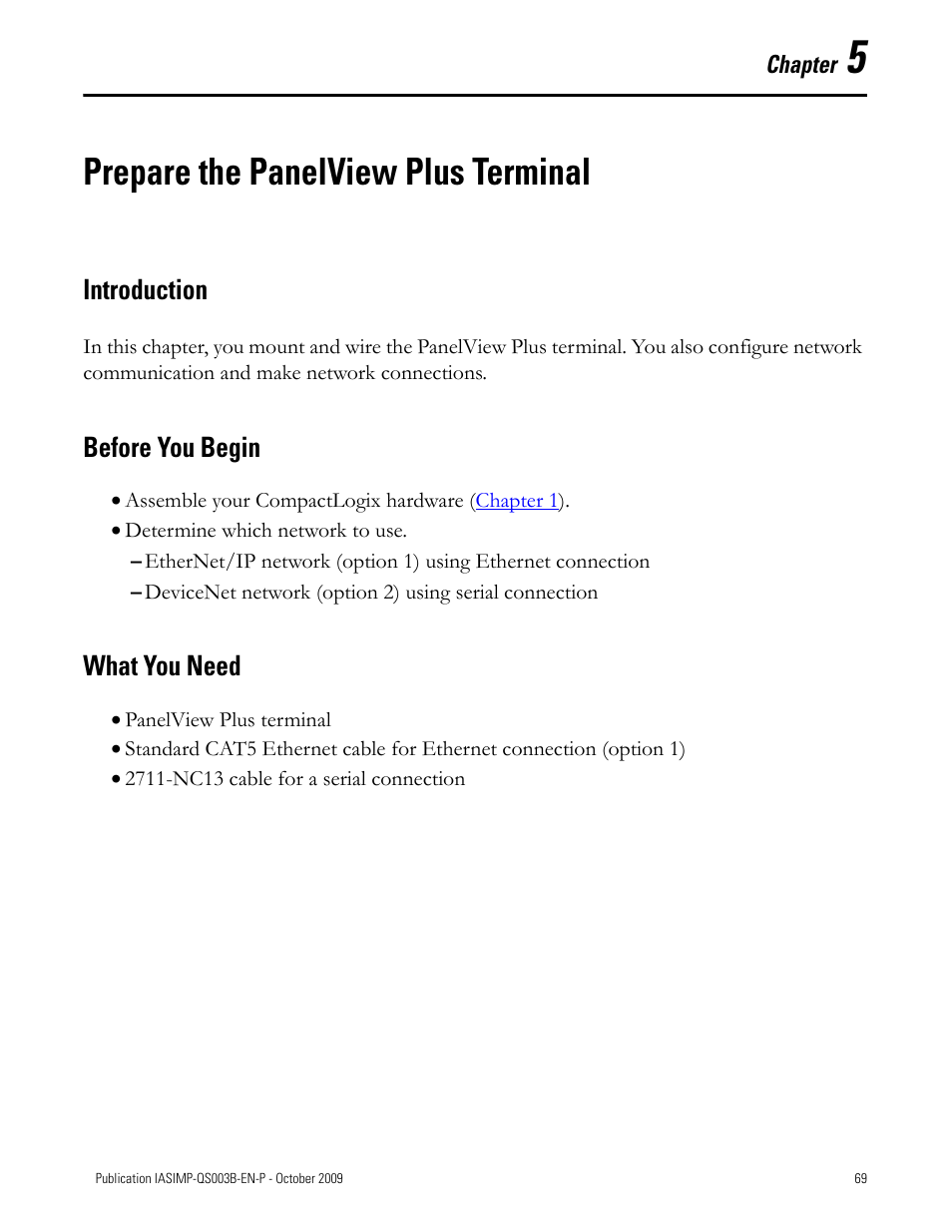 Prepare the panelview plus terminal, Introduction, Before you begin | What you need, Prepare the panelview, Plus terminal, Chapter 5, Introduction before you begin what you need | Rockwell Automation 1768-L43 CompactLogix System Quick Start User Manual | Page 69 / 205