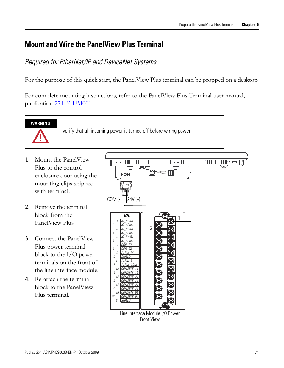 Mount and wire the panelview plus terminal, Mount and wire, The panelview | Plus terminal, Required for ethernet/ip and devicenet systems | Rockwell Automation 1768-L43 CompactLogix System Quick Start User Manual | Page 71 / 205