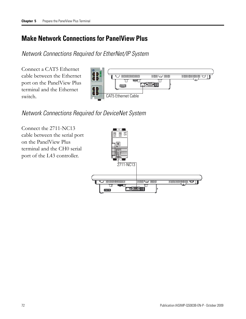 Make network connections for panelview plus, Make network, Connections for | Panelview plus, Network connections required for devicenet system | Rockwell Automation 1768-L43 CompactLogix System Quick Start User Manual | Page 72 / 205