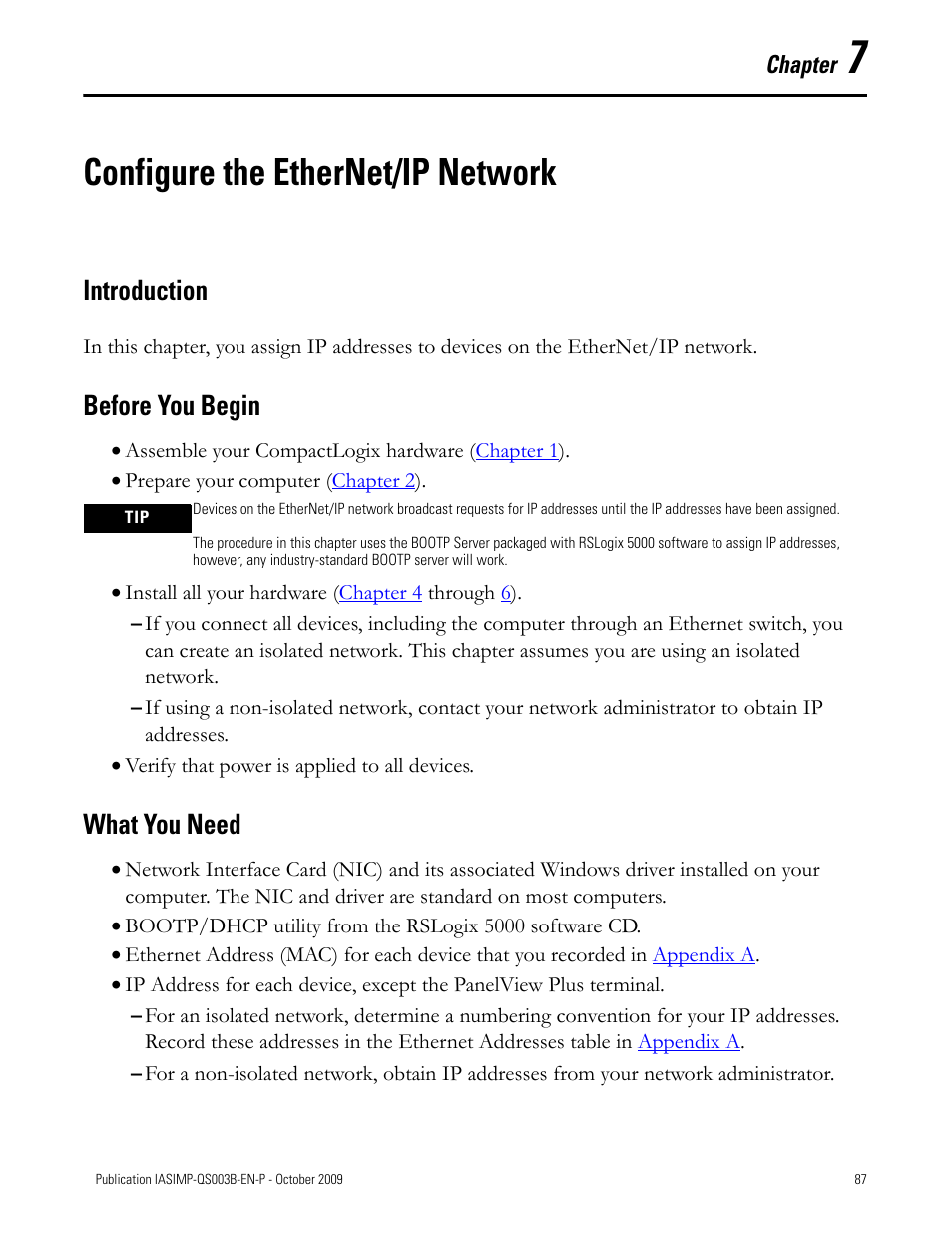 Configure the ethernet/ip network, Introduction, Before you begin | What you need, Configure the, Ethernet/ip network, Chapter 7, Introduction before you begin what you need | Rockwell Automation 1768-L43 CompactLogix System Quick Start User Manual | Page 87 / 205