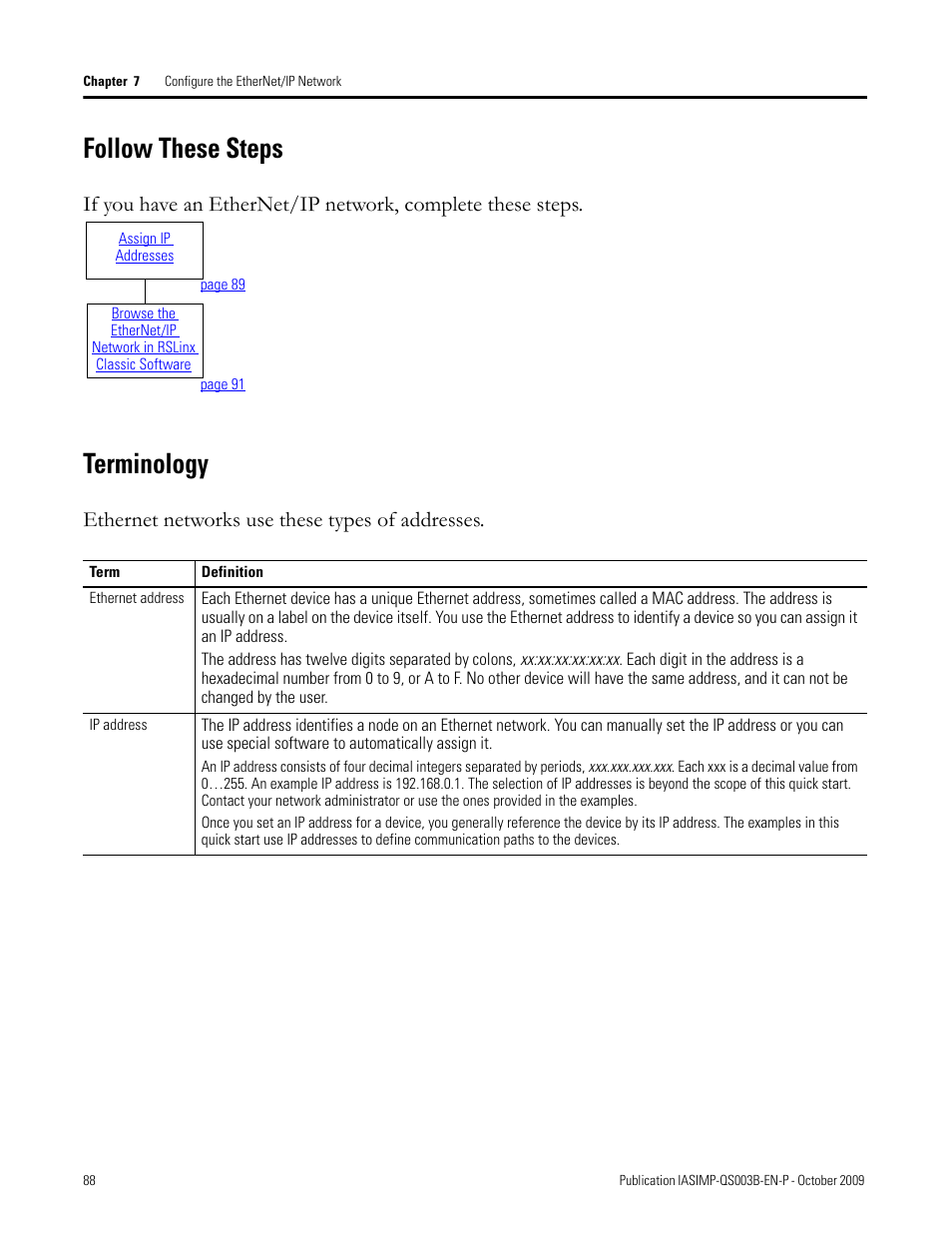 Follow these steps, Terminology, Follow these steps terminology | Ethernet networks use these types of addresses | Rockwell Automation 1768-L43 CompactLogix System Quick Start User Manual | Page 88 / 205