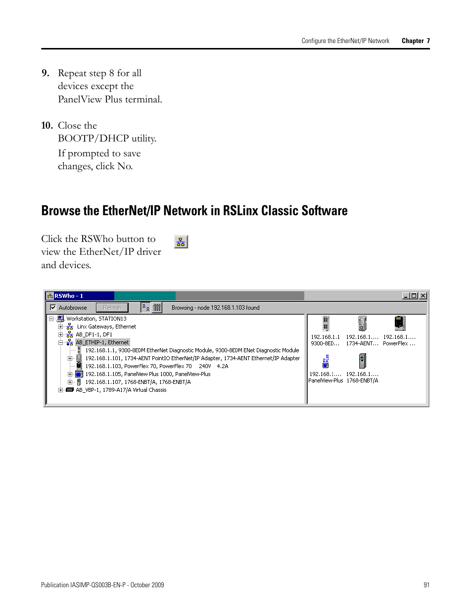 Browse the, Ethernet/ip, Network in rslinx | Classic software | Rockwell Automation 1768-L43 CompactLogix System Quick Start User Manual | Page 91 / 205