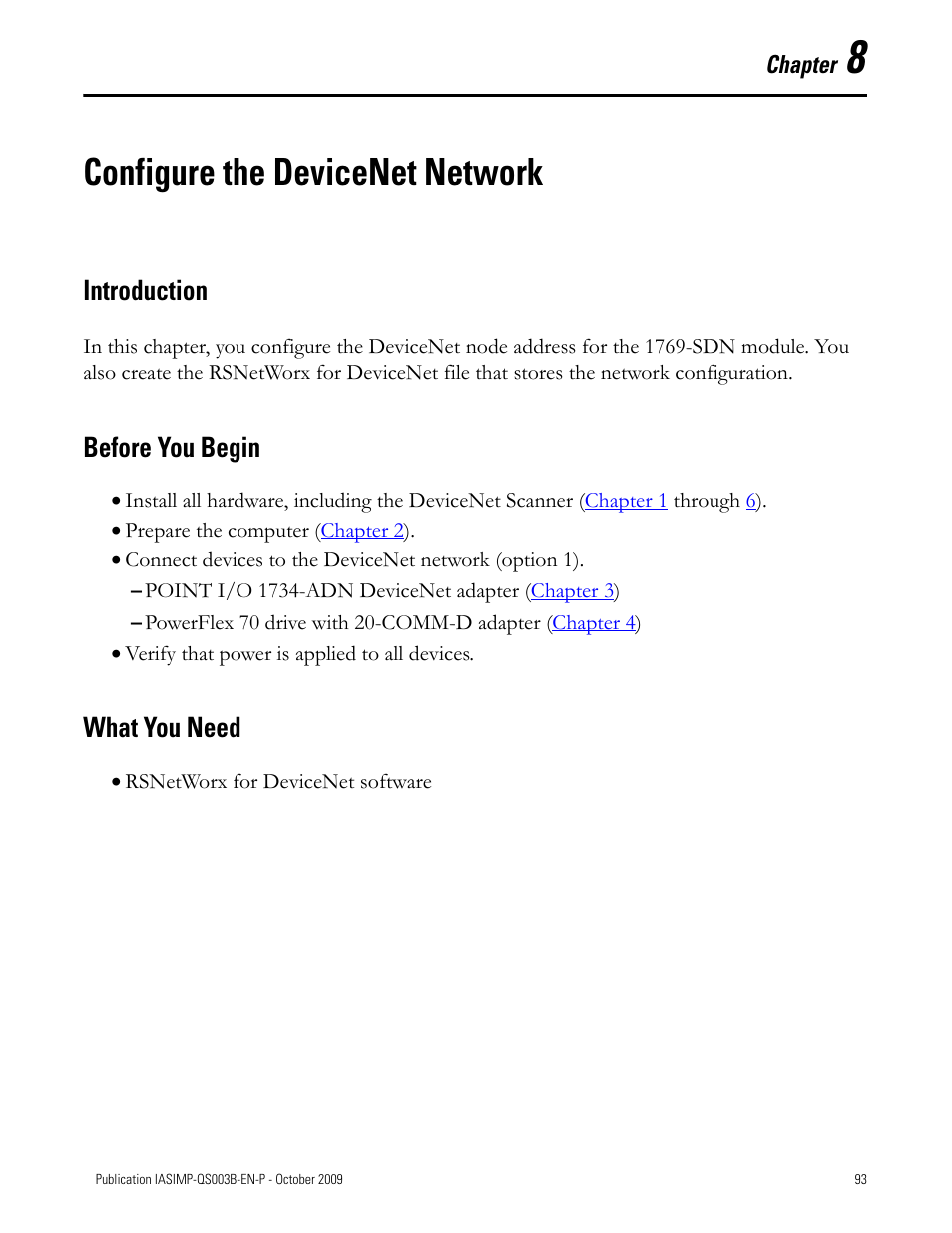 Configure the devicenet network, Introduction, Before you begin | What you need, Configure the, Devicenet network, Chapter 8, Introduction before you begin what you need | Rockwell Automation 1768-L43 CompactLogix System Quick Start User Manual | Page 93 / 205