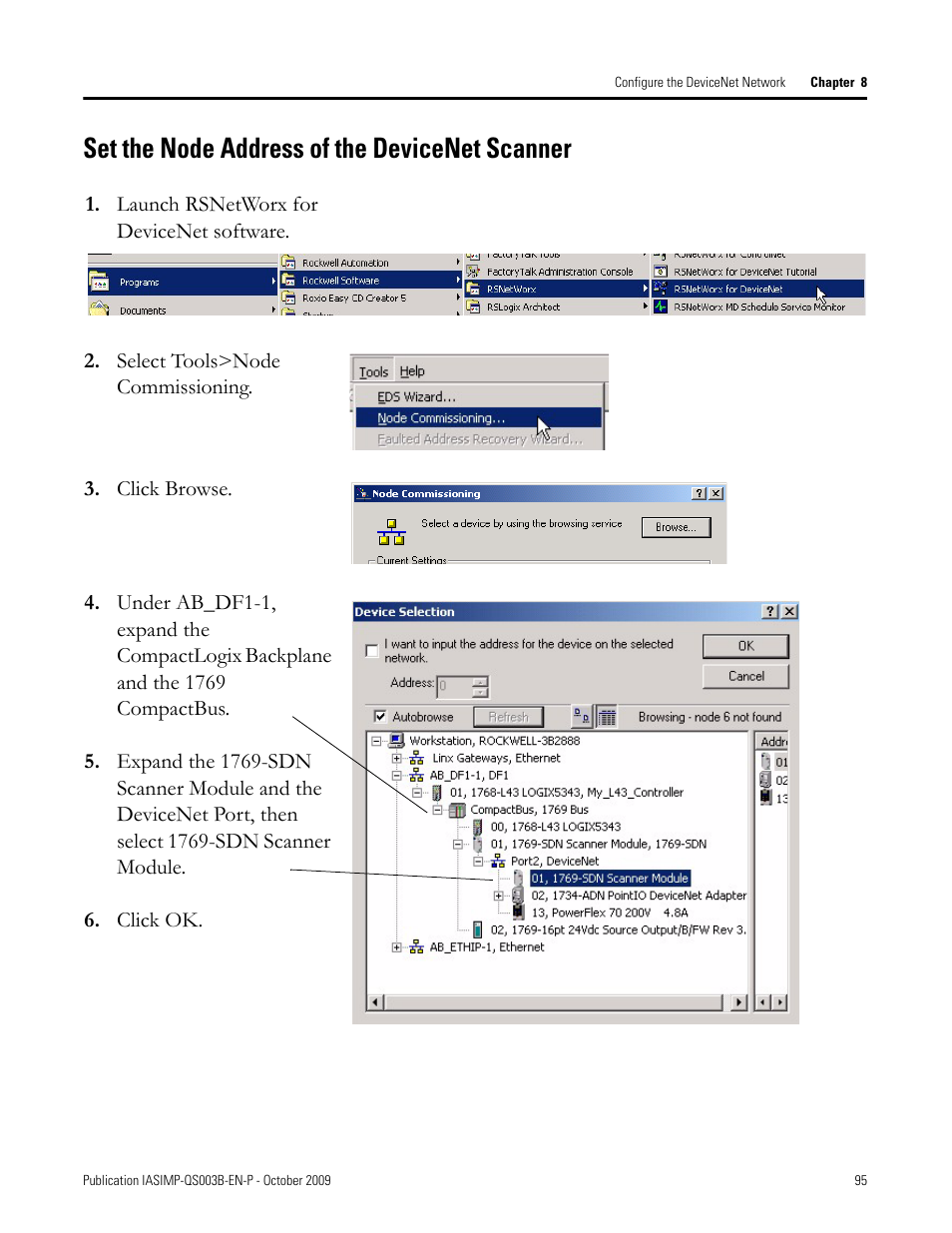 Set the node address of the devicenet scanner, Set the node, Address of the | Devicenet scanner | Rockwell Automation 1768-L43 CompactLogix System Quick Start User Manual | Page 95 / 205