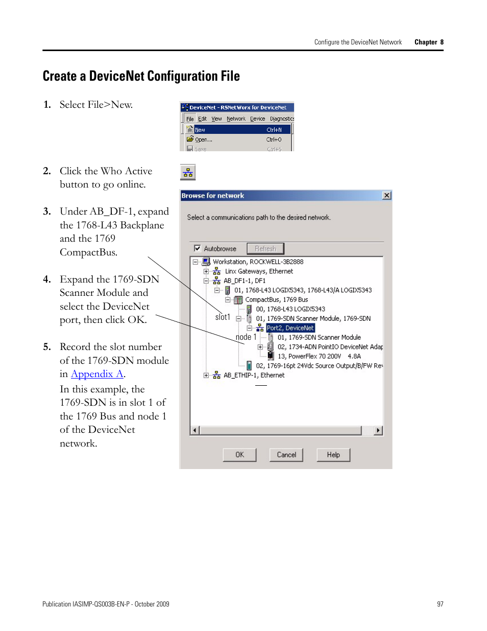 Create a devicenet configuration file, Create a, Devicenet | Configuration file | Rockwell Automation 1768-L43 CompactLogix System Quick Start User Manual | Page 97 / 205