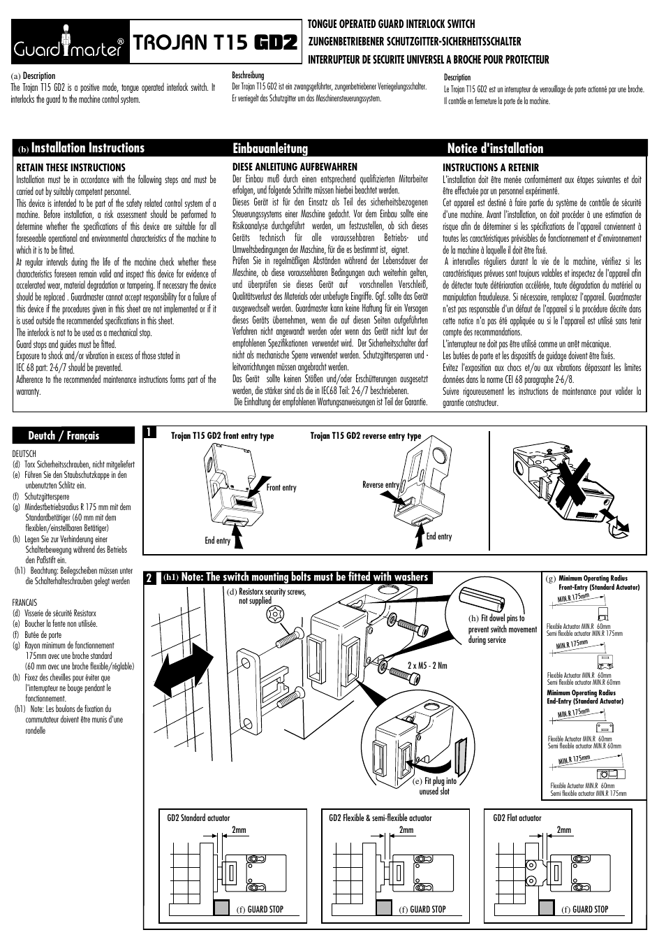 Rockwell Automation TROJAN T15 GD2 Tongue Operated Guard Interlock Switch User Manual | 4 pages