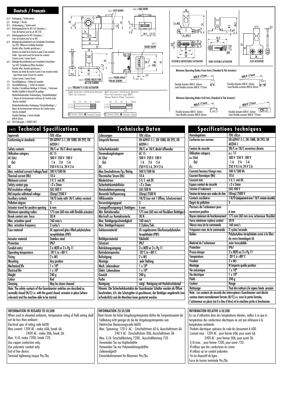 Technical specifications, Specifications techniques, Technische daten | Deutsch / français | Rockwell Automation TROJAN T15 GD2 Tongue Operated Guard Interlock Switch User Manual | Page 3 / 4