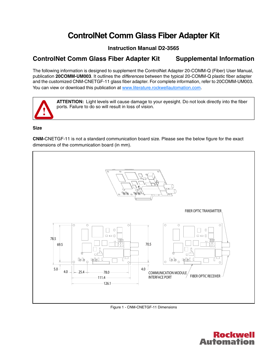 Rockwell Automation Liqui-Flo DBT ControlNet Comm Glass Fiber Adapter Kit User Manual | 6 pages