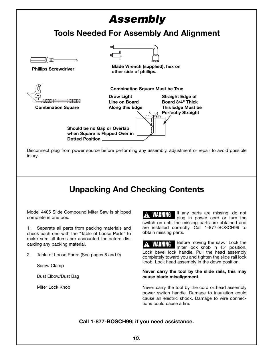 Assembly, Unpacking and checking contents, Tools needed for assembly and alignment | Warning | Bosch 4405 User Manual | Page 10 / 112