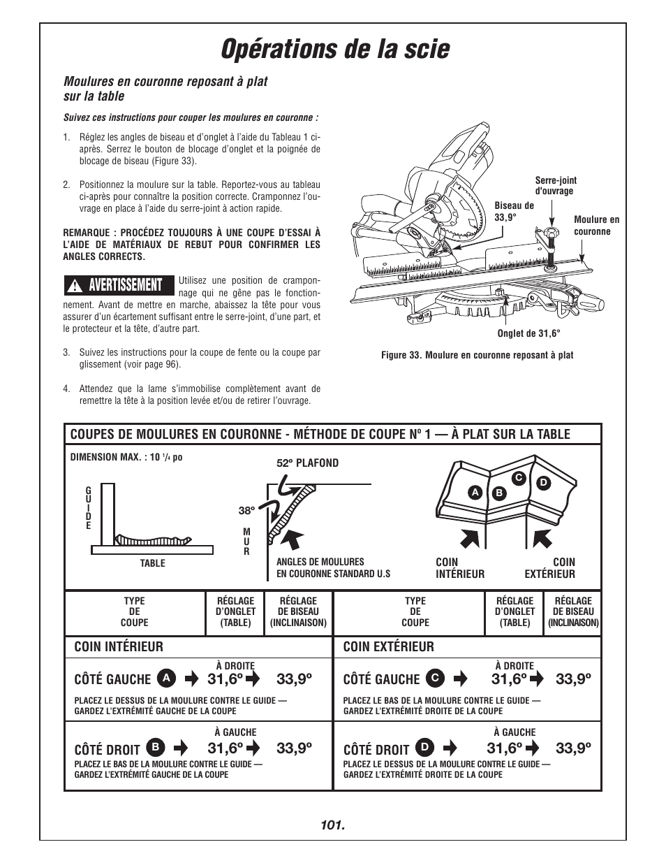 Opérations de la scie, Avertissement | Bosch 4405 User Manual | Page 101 / 112