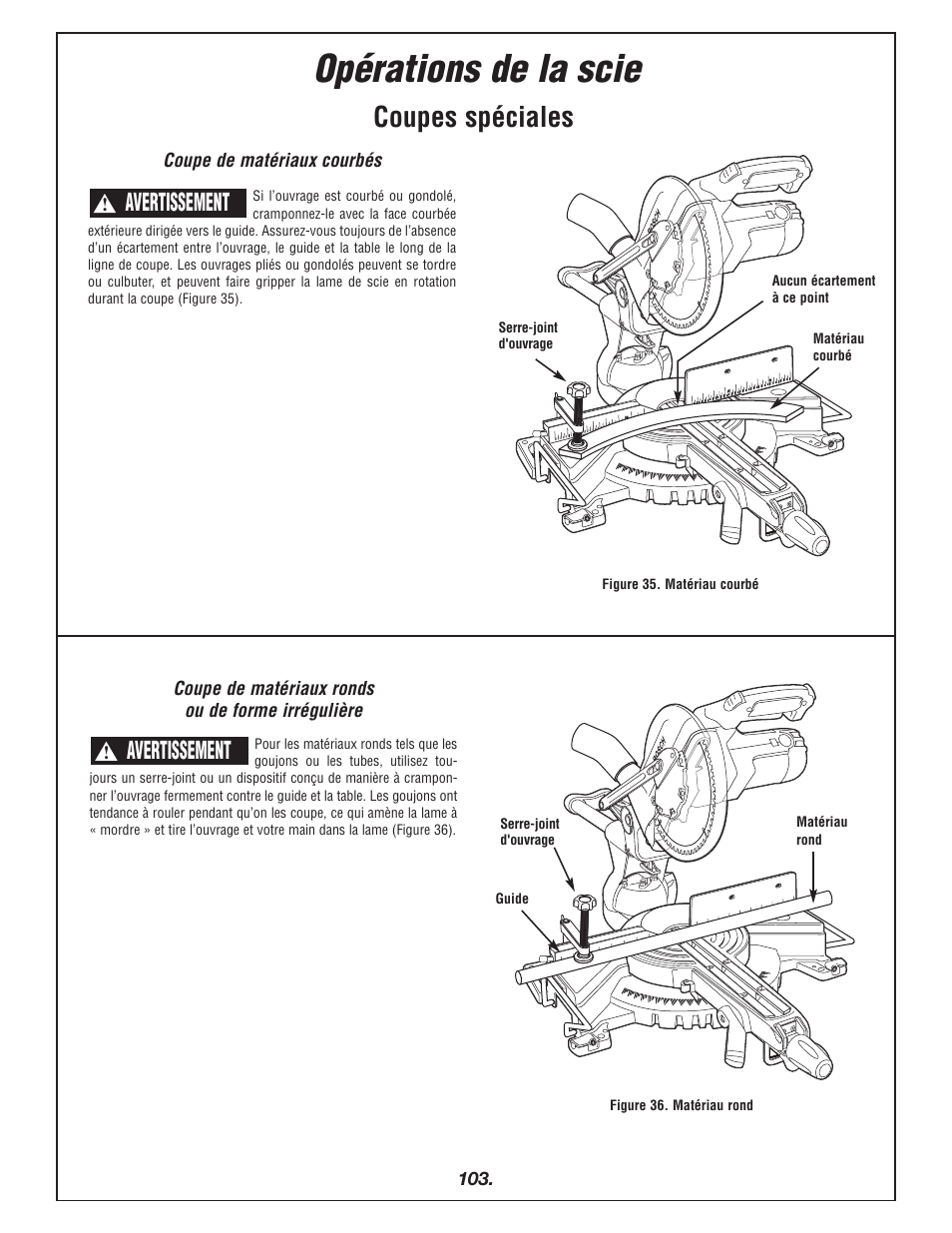 Opérations de la scie, Coupes spéciales, Avertissement | Bosch 4405 User Manual | Page 103 / 112