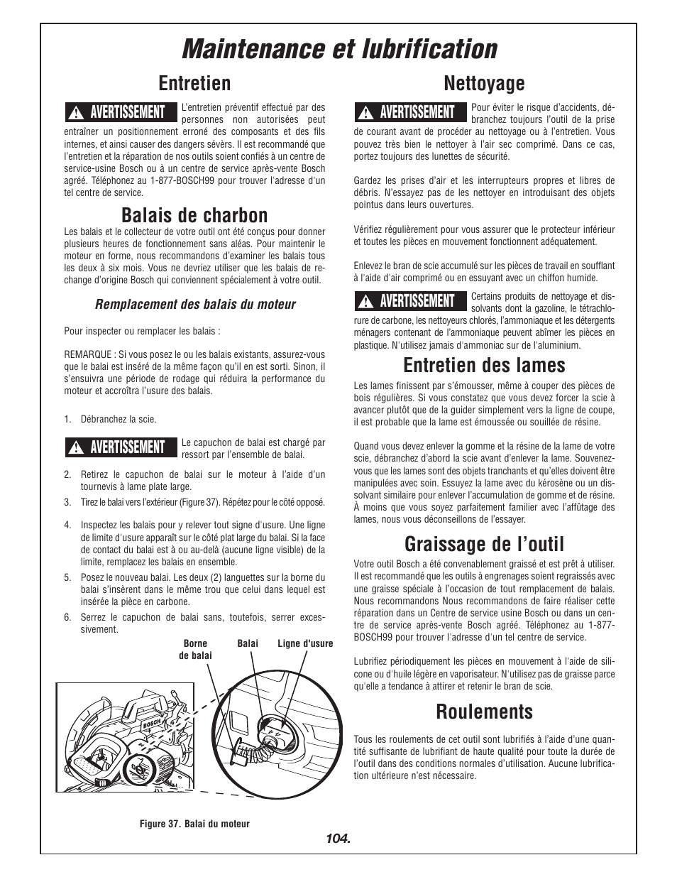 Maintenance et lubrification, Entretien, Balais de charbon | Nettoyage, Entretien des lames, Graissage de l’outil, Roulements, Avertissement | Bosch 4405 User Manual | Page 104 / 112