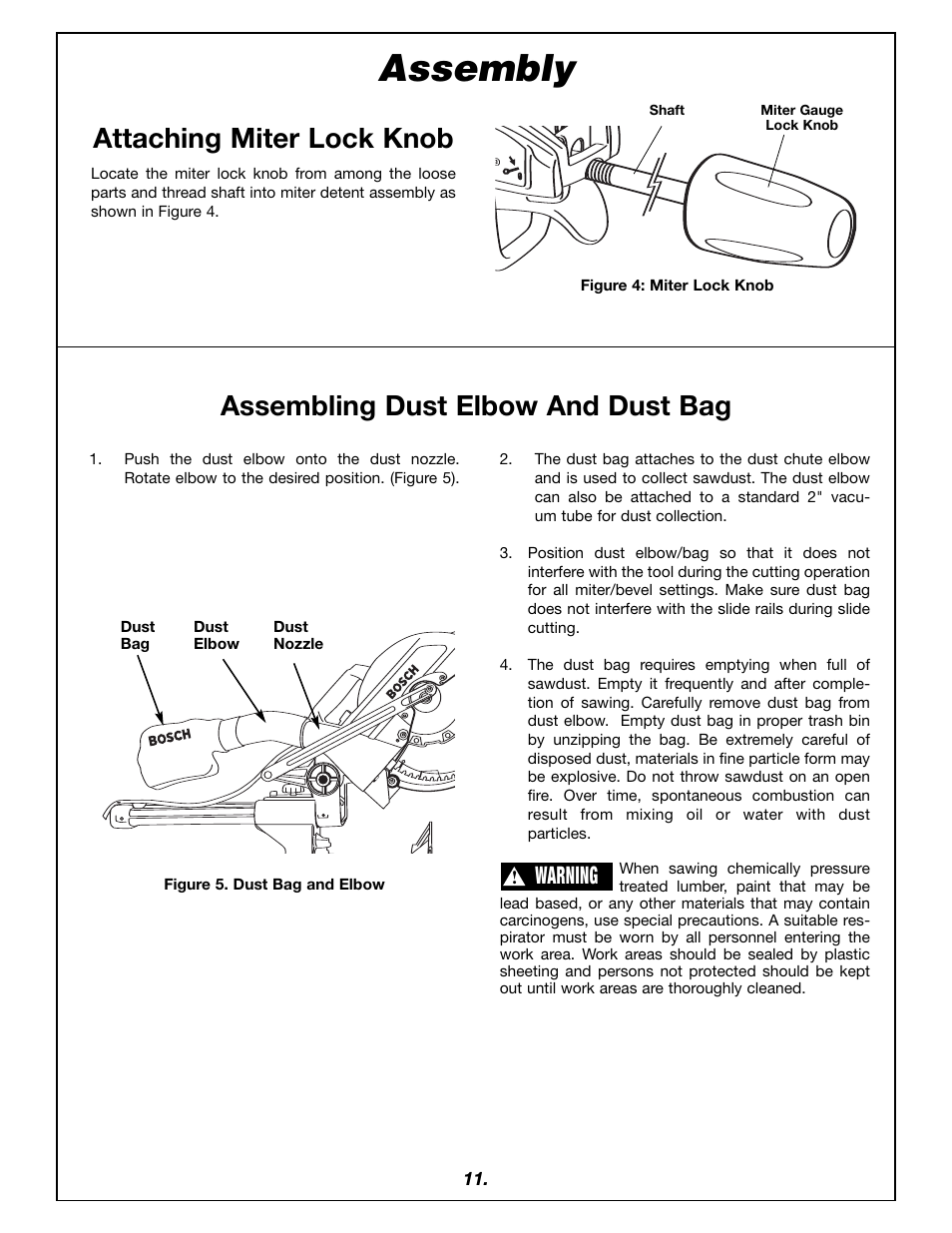 Assembly, Warning | Bosch 4405 User Manual | Page 11 / 112