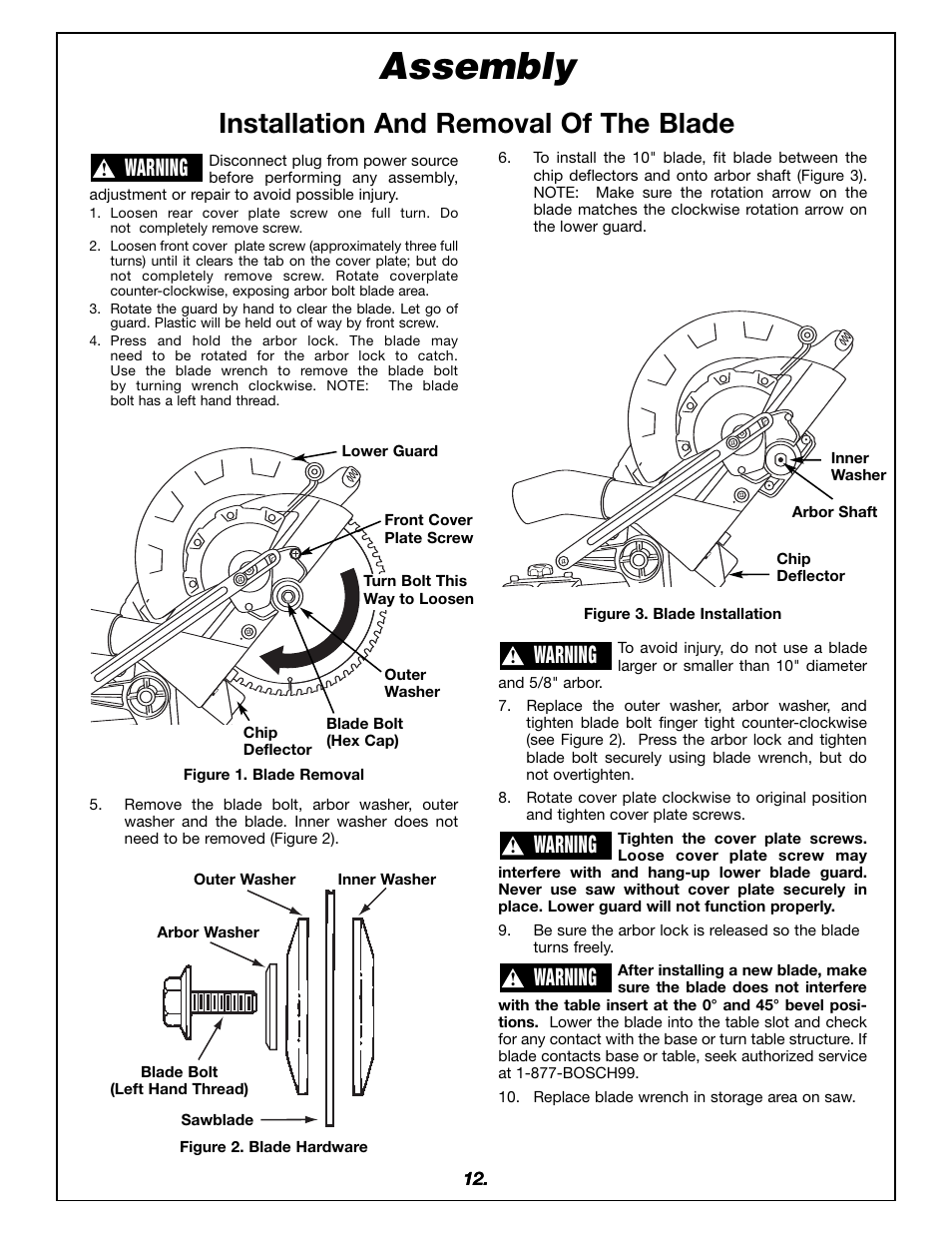 Assembly, Installation and removal of the blade, Warning | Bosch 4405 User Manual | Page 12 / 112