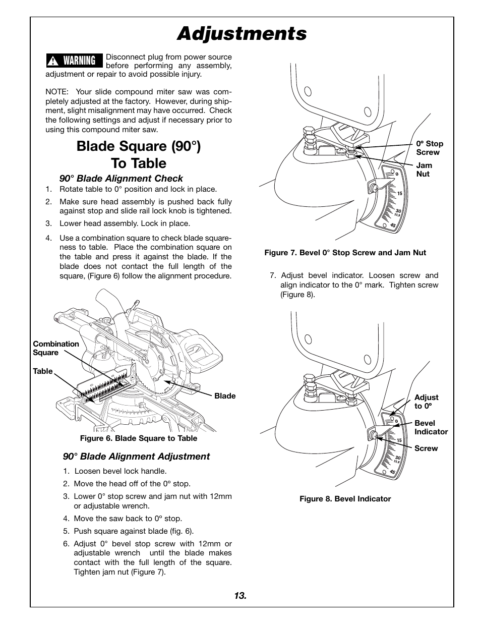 Adjustments, Blade square (90°) to table, Warning | Bosch 4405 User Manual | Page 13 / 112