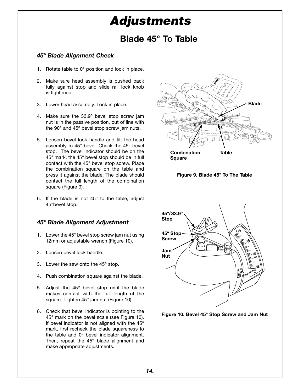 Adjustments, Blade 45° to table | Bosch 4405 User Manual | Page 14 / 112