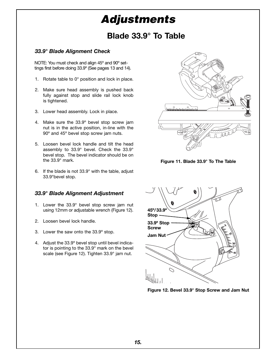 Adjustments, Blade 33.9° to table | Bosch 4405 User Manual | Page 15 / 112