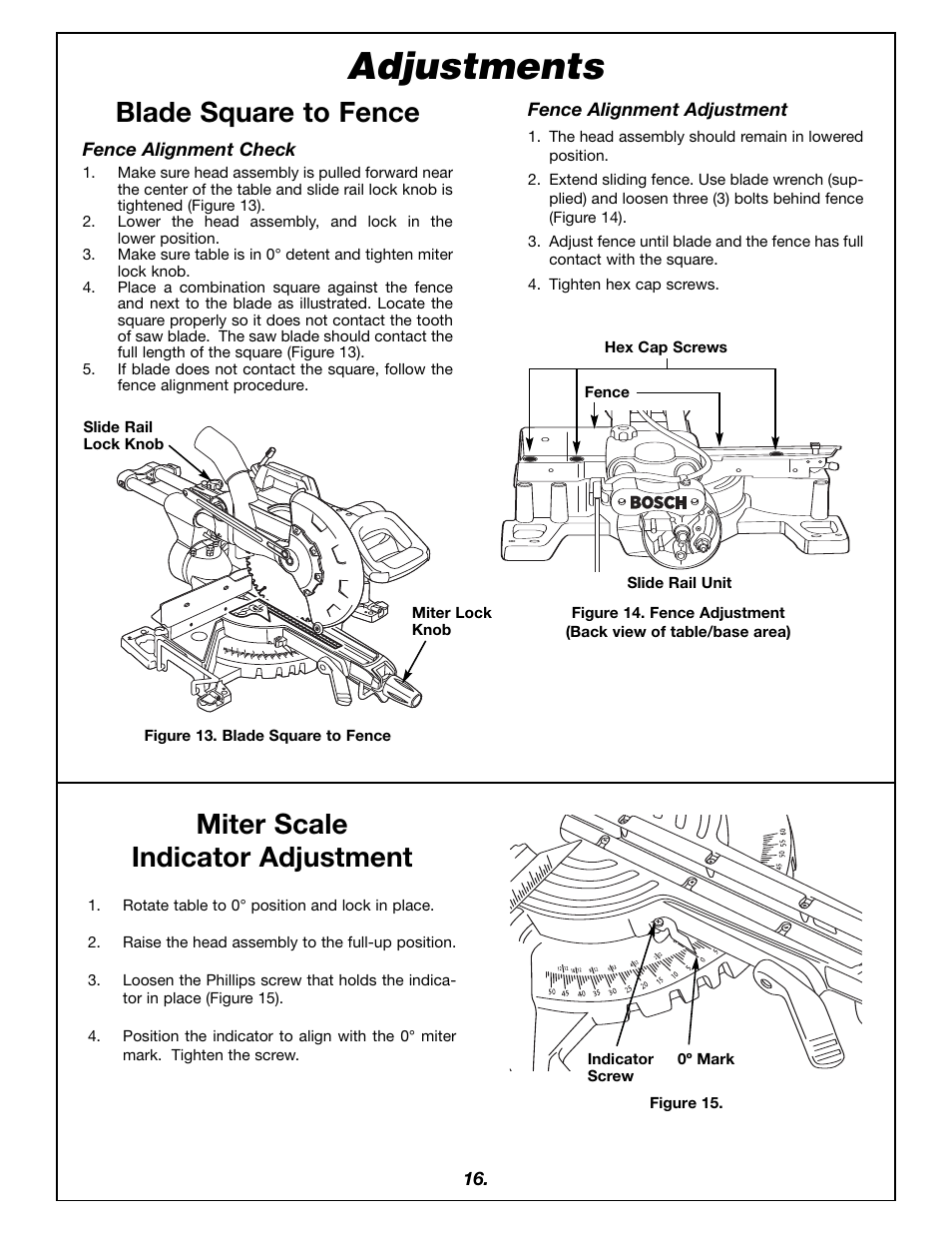 Adjustments, Miter scale indicator adjustment, Blade square to fence | Bosch 4405 User Manual | Page 16 / 112