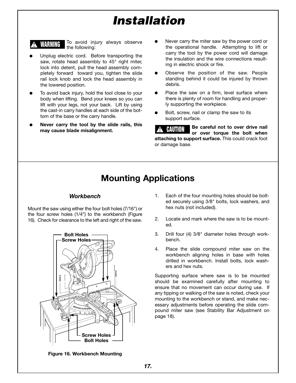 Installation, Mounting applications, Caution | Warning | Bosch 4405 User Manual | Page 17 / 112
