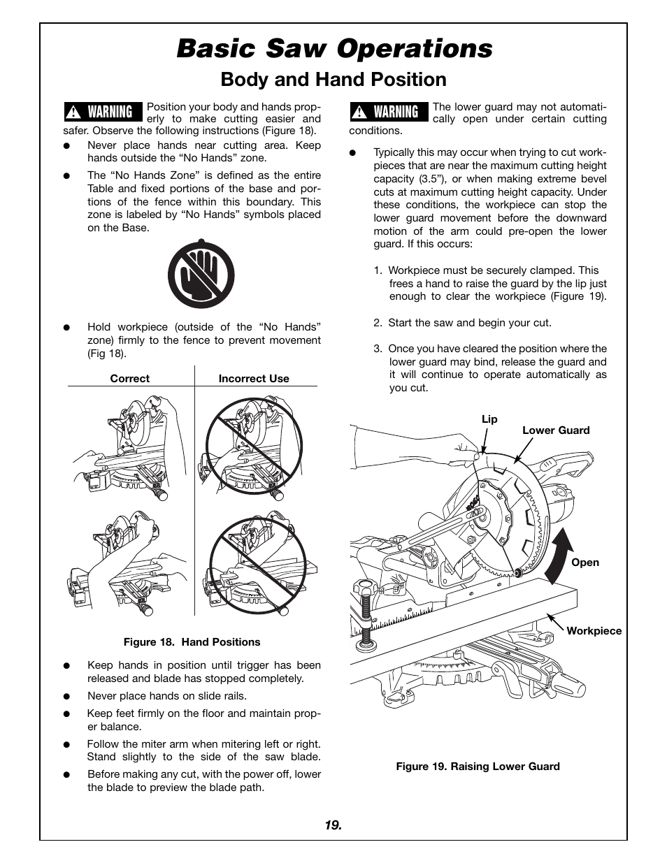 Basic saw operations, Body and hand position, Warning | Bosch 4405 User Manual | Page 19 / 112