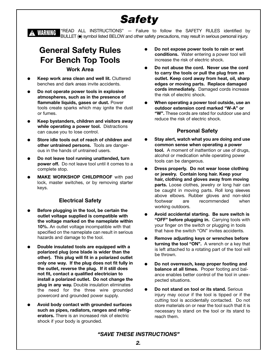 Safety, General safety rules for bench top tools, Warning | Bosch 4405 User Manual | Page 2 / 112