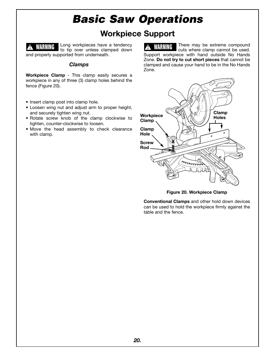 Basic saw operations, Workpiece support, Warning | Bosch 4405 User Manual | Page 20 / 112