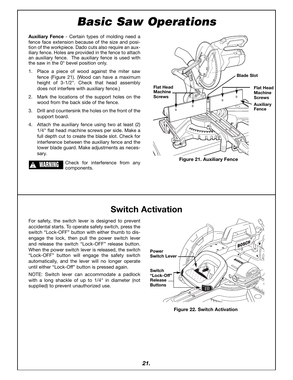 Basic saw operations, Switch activation, Warning | Bosch 4405 User Manual | Page 21 / 112