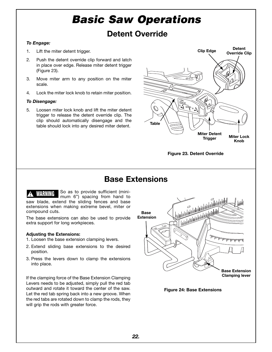 Basic saw operations, Detent override, Base extensions | Warning | Bosch 4405 User Manual | Page 22 / 112