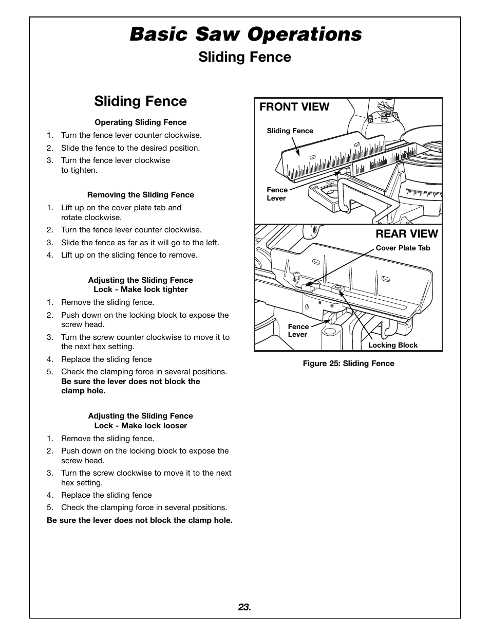 Basic saw operations, Sliding fence, Front view rear view | Bosch 4405 User Manual | Page 23 / 112