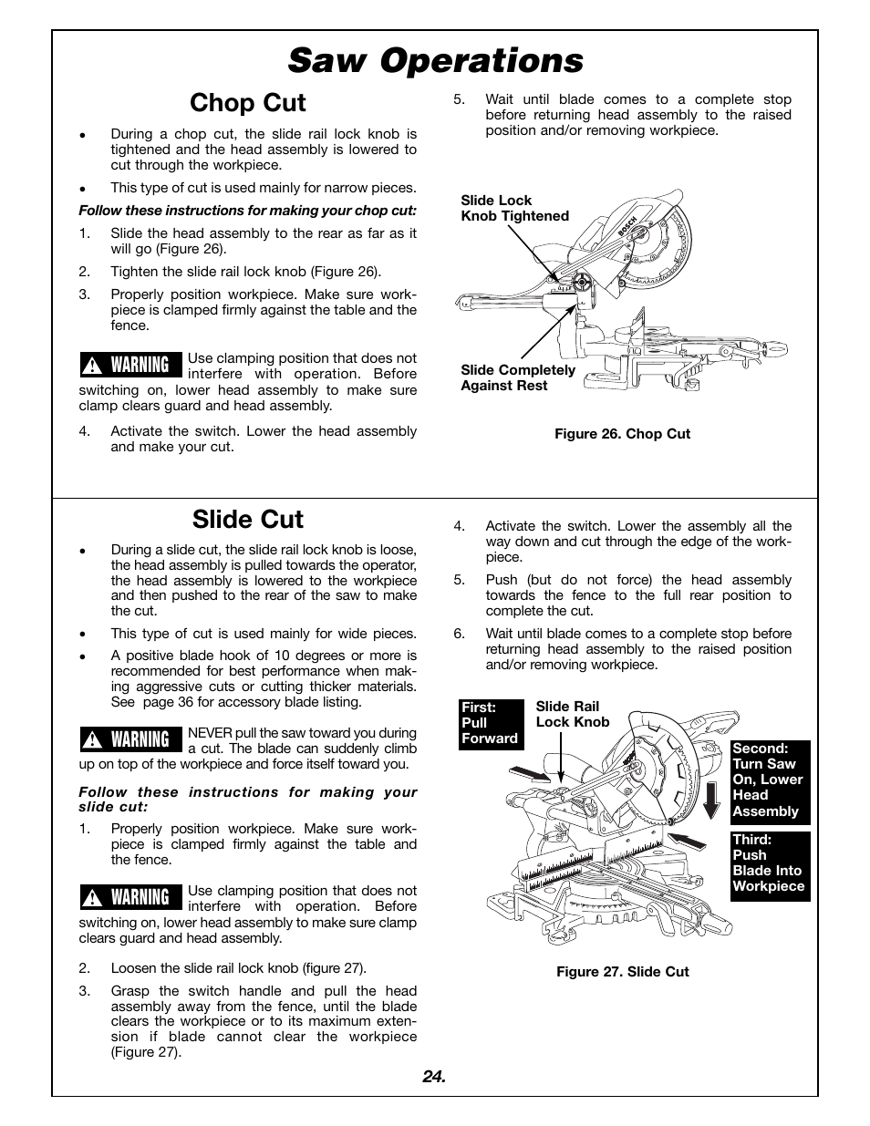 Saw operations, Slide cut, Chop cut | Warning | Bosch 4405 User Manual | Page 24 / 112