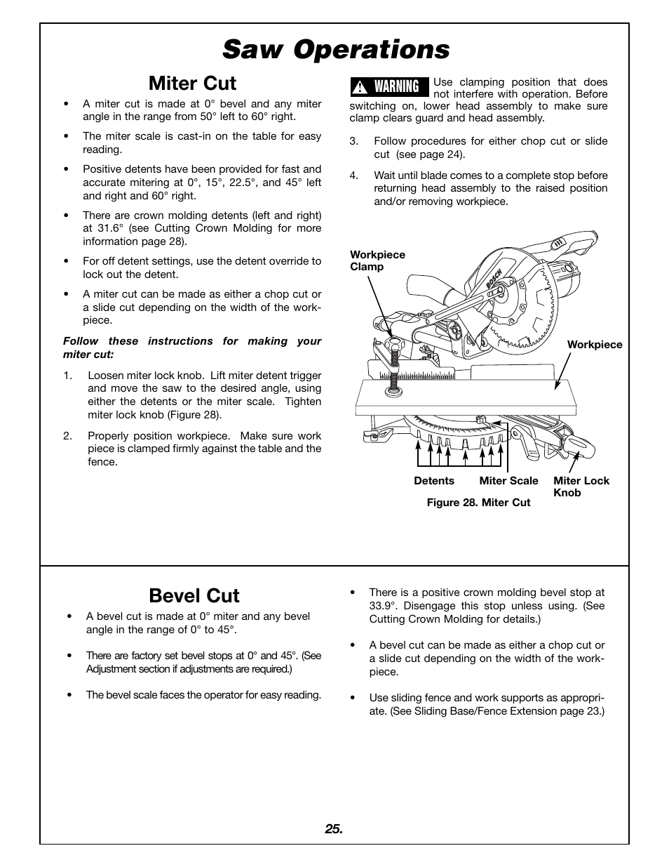 Saw operations, Miter cut, Bevel cut | Warning | Bosch 4405 User Manual | Page 25 / 112