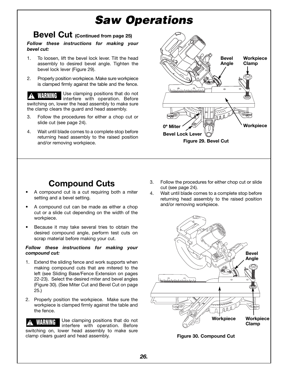 Saw operations, Bevel cut, Compound cuts | Warning | Bosch 4405 User Manual | Page 26 / 112