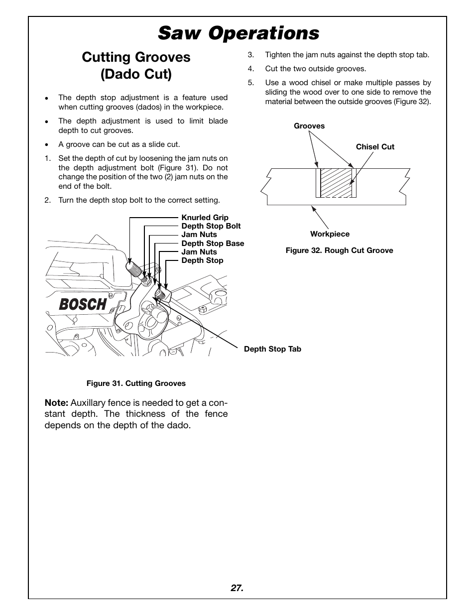 Saw operations, Cutting grooves (dado cut) | Bosch 4405 User Manual | Page 27 / 112