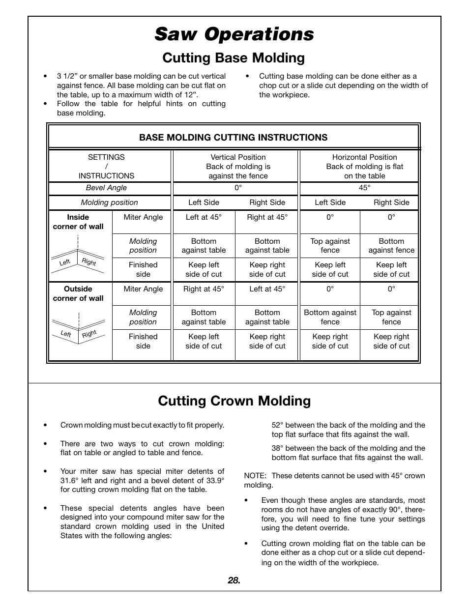 Saw operations, Cutting base molding cutting crown molding | Bosch 4405 User Manual | Page 28 / 112
