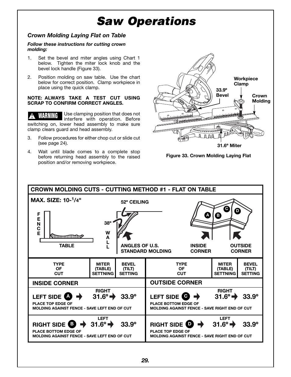 Saw operations, Warning, 6º 33.9º | Bosch 4405 User Manual | Page 29 / 112