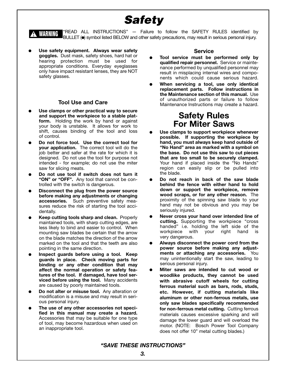 Safety, Safety rules for miter saws, Warning | Bosch 4405 User Manual | Page 3 / 112